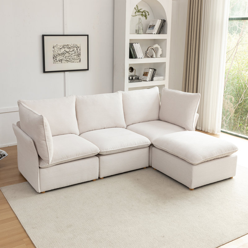 Canapé modulaire avec repose-pieds Hepworth Dejohn, Velours côtelé blanc, H 36 po x l 95,5 po x P 62,5 po