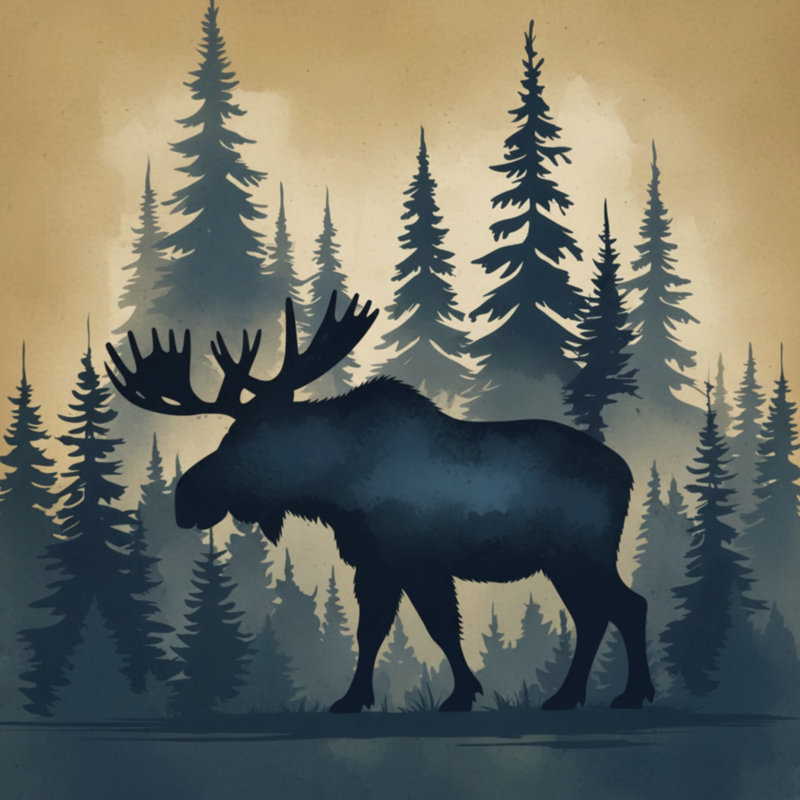 Moose In Forest Silhouette Blankets, 60in W x 80in H, Beige Black