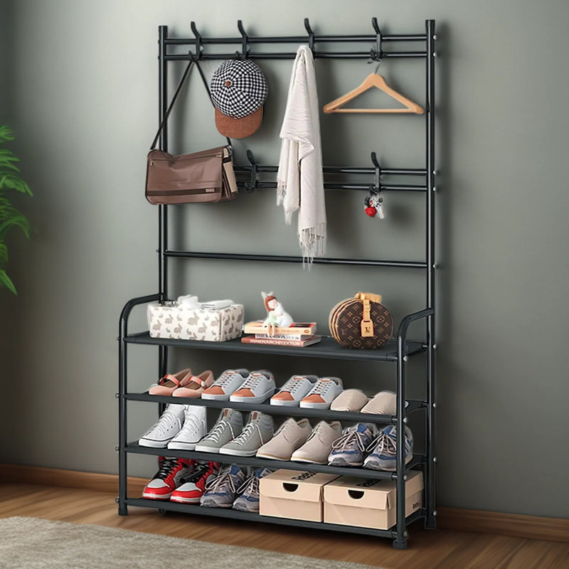Range-chaussures autoportant avec crochets, range-chaussures à 4 niveaux pour vestibule, chambre à coucher, placard et dortoir