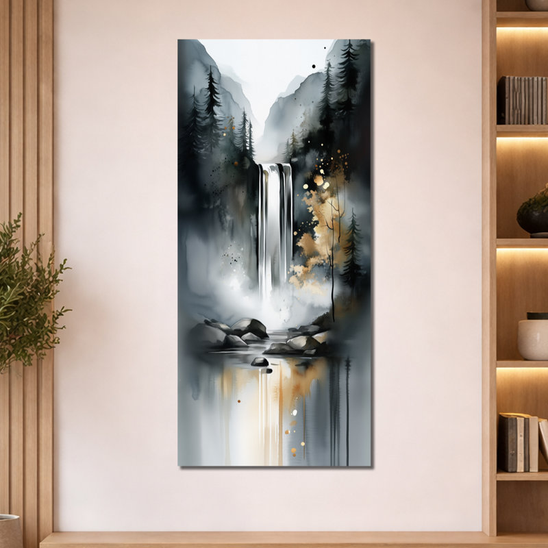 «Gray Gold Autumn Waterfall Forest Trail II», reproduction d'art encadrée sur toile, 60" H x 28" W, Toile tendue