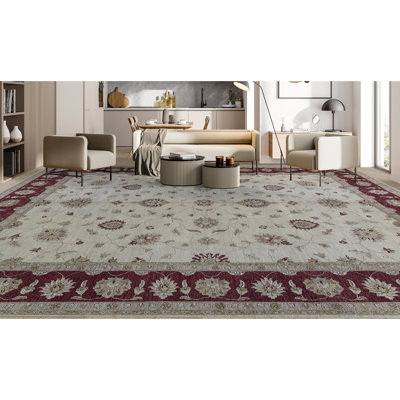 Tapis ivoire et rouge noué à la main de haute qualité