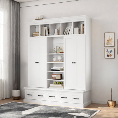 Hall Tree With Bench, 5 Storage Cubbies, 4 Doors, 5 Drawers, Adjustable Shelves And Unique Layered Design