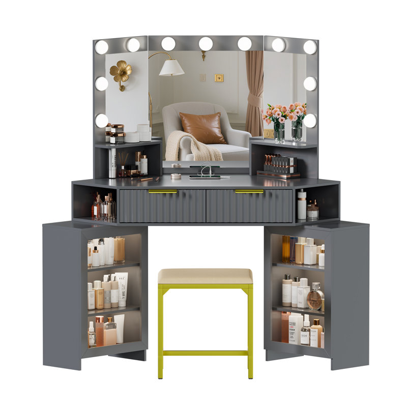 Dressing Table with Motion Sensor 3-colour lighting, Charging Socket and Stool, Grey