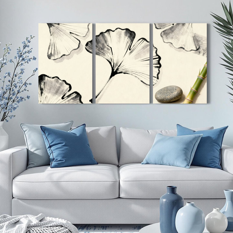 Feuille de ginkgo et bambou de style zen, reproduction d'art sur toile tendue à l'encre noire et blanche (ensemble de 3)
