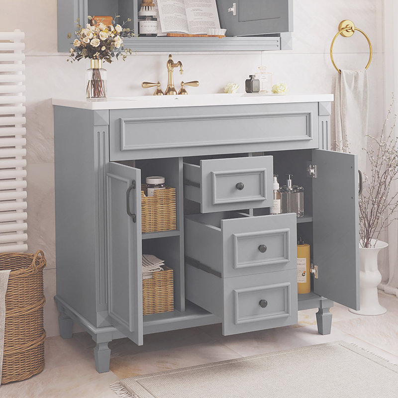 Meuble-lavabo moderne 36 po avec lavabo supérieur, Gris clair