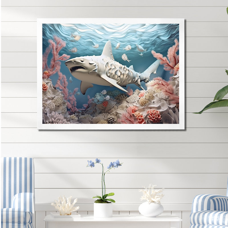 " Coral And Sharks Collage Symetry ", 30" H x 40" W x 1.5" D, White Single Picture Framed