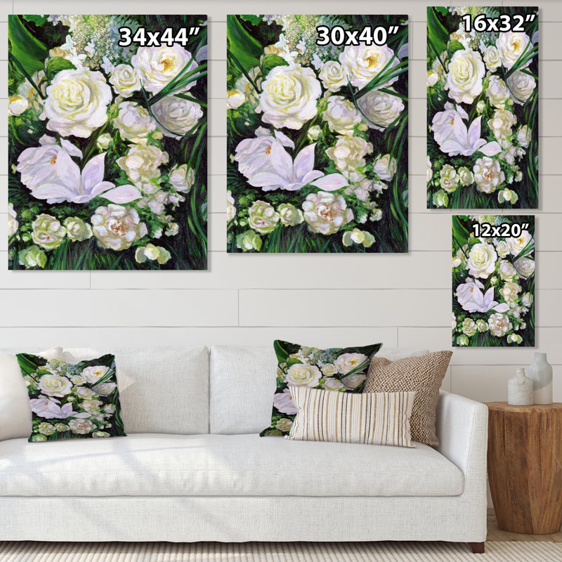 Bouquet de roses blanches et mauves - reproduction sur toile, H 40 po x l 30 po x P 1,5 po, Toile tendue