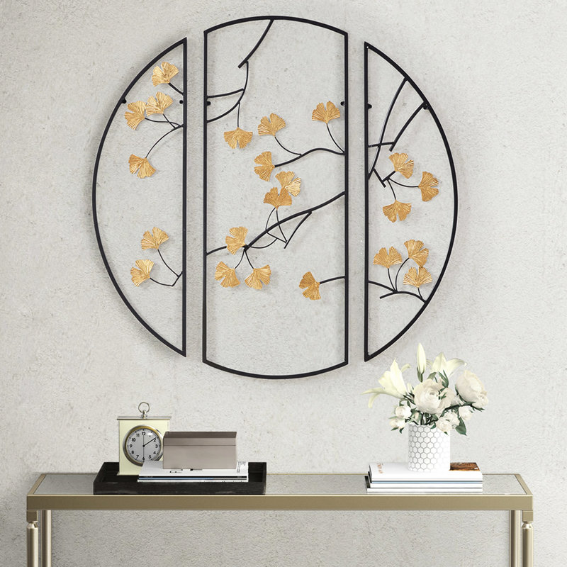 3 décorations murales en métal avec des feuilles de ginkgo dorées sur fond noir