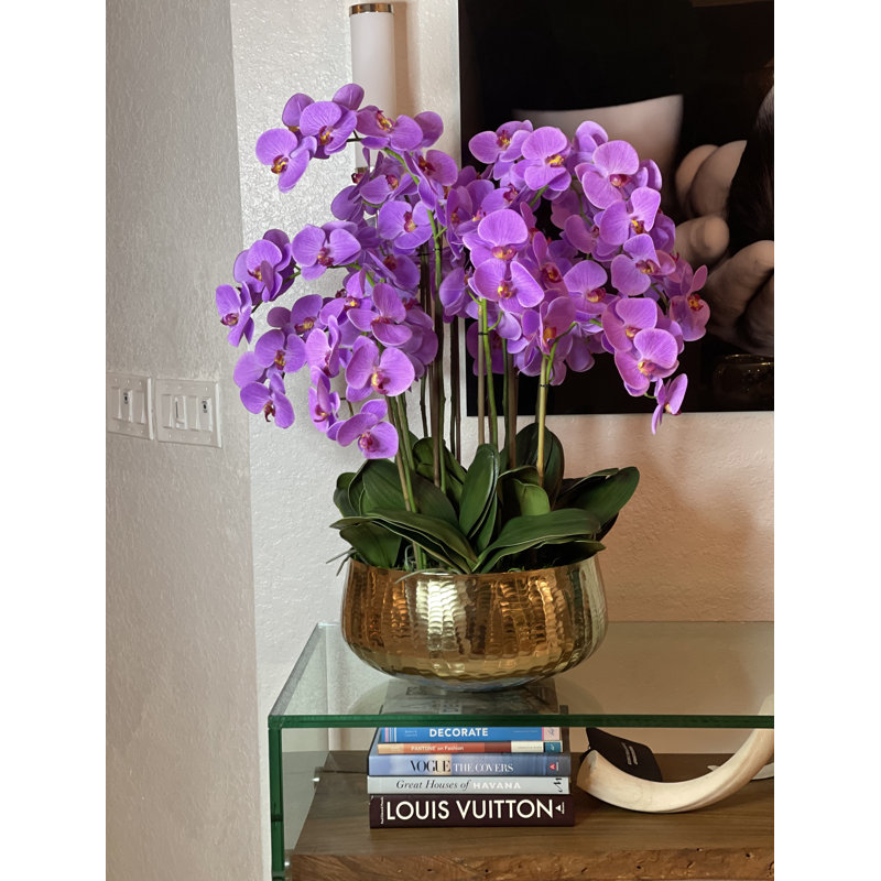 Roberi Gold Bowl With Light Purple Orchids, Light Purple