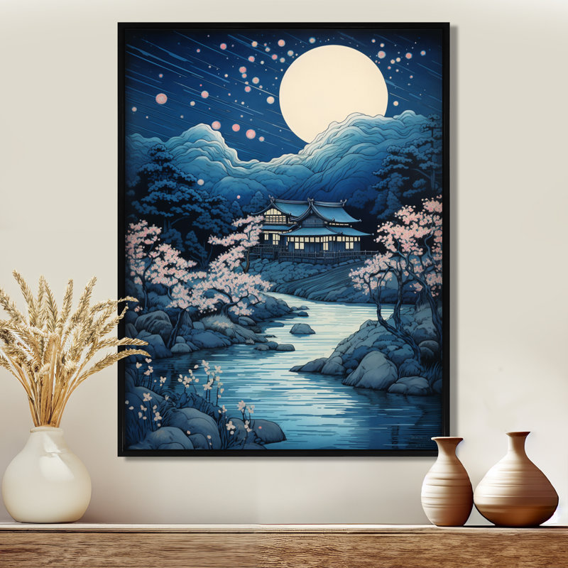 Pleine lune au bord de la rivière - Japon, art mural du salon, Toile noire avec cadre flottant, H 32 po x l 16 po x P 1 po