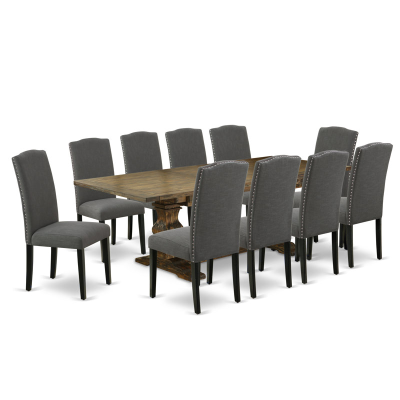 11 Piece Dining Set Includes a Rectangle Dining Table with Removable Leaf and 10 Dark Gotham Linen Fabric Upholstered Chairs, Distressed Jacobean