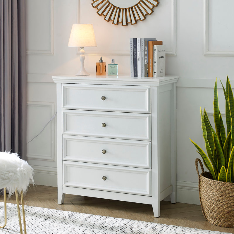 Commode à 4 tiroirs Farmhouse avec rangement pour chambre à coucher, vestibule ou salon, Blanc