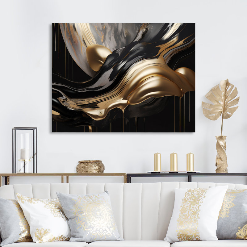 Marbre captivant doré et noir II - art abstrait sur toile marbrée, H 34 po x l 44 po, Toile tendue, Sans cadre