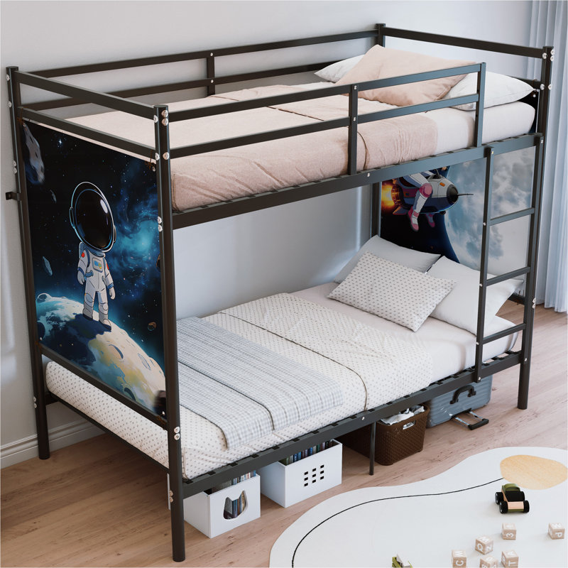 Lit superposé simple avec échelle et garde-corps élevé, comprend 2 affiches imprimées, capacité de poids d'une seule couche de plus de 400 lb, espace de rangement, noir.