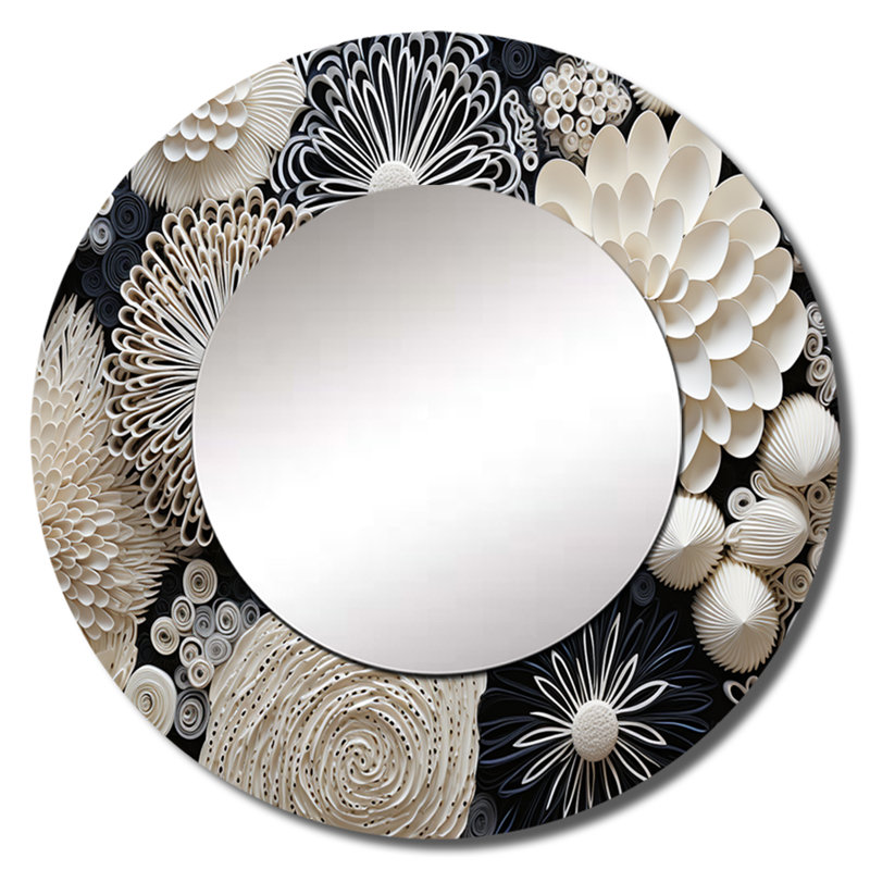 Fleurs de corail gris Ristin I - miroir coraux, miroir mural rond gris, impression sur métal, 29 po x 29 po