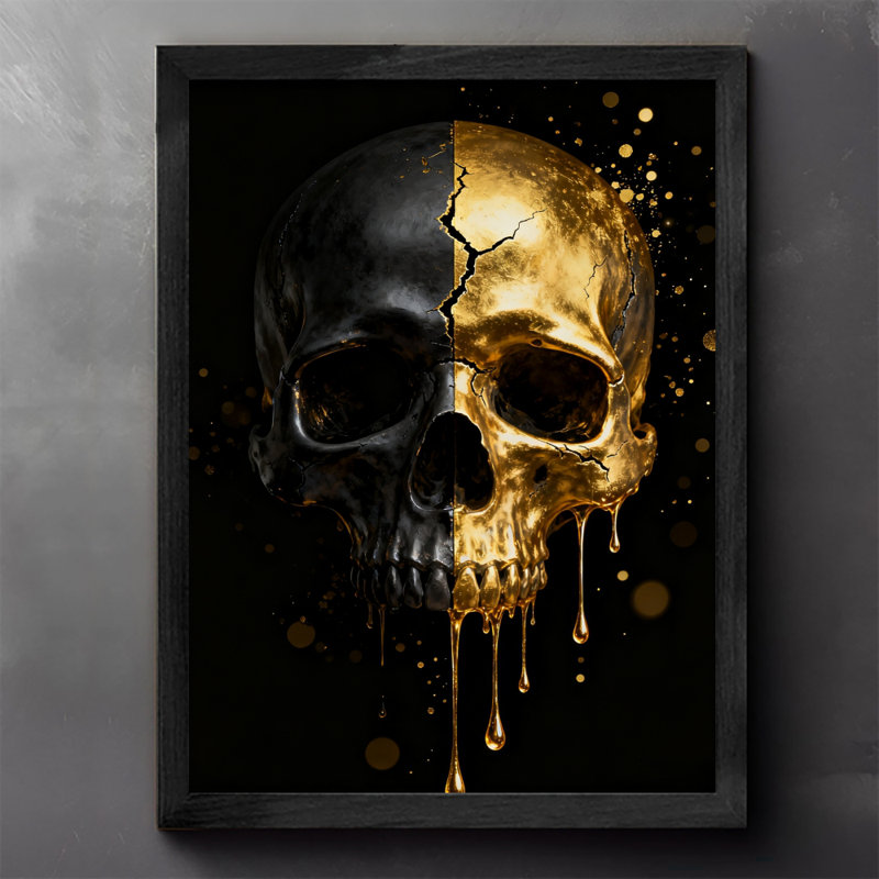 Art encadré noir, fissures noires et crânes éclaboussés d'encre, art rétro, H 11 po x l 9 po