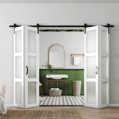 3 Lite Frosted Glass Prefinished Bi-Fold Barn Door With Hardware Kit, Assembly required