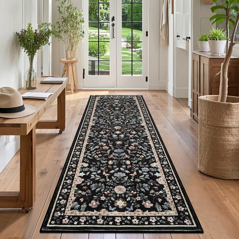 Floral Machine Washable Rug for Living Room, Non-Slip Vintage Floor Mats, Stain-Resistant Soft Faux Wool Farmhouse Indoor Carpet for Bedroom, Nursery, Dining Room
