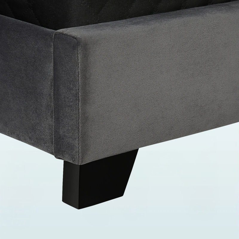 Grand lit transitionnel en velours gris Vega, H 49,53 po x l 66,39 po x L 87,28 po