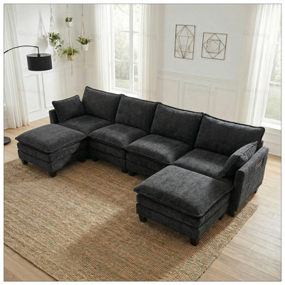 Ensemble de canapé moderne en chenille, canapé 3 places avec repose-pieds individuel assorti, mobilier de salon modulaire avec ports USB intégrés et poches latérales