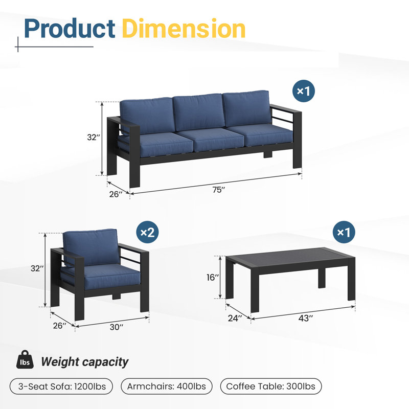 5-Piece  Aluminum Patio Conversation Set, Bleu