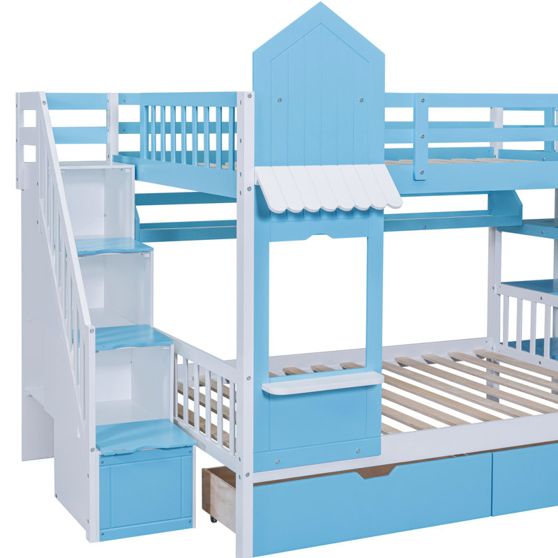 Lit superposé bleu avec 2 tiroirs, 3 tablettes, glissière en bois de pin, Full, Blue