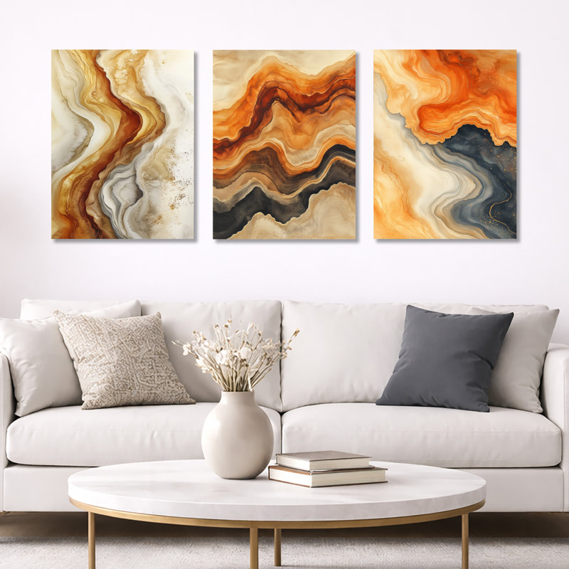 «Warm Earth Flow - Abstract Marble», art mural 3 pièces, Wrapped Canvas, 32" H x 72" W