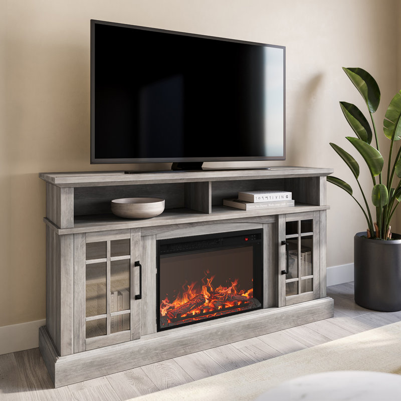  Kehaulani Traditional 58" Rustic TV Stand with 23" Electric Fireplace Heater with Sound, Media Entertainment Center Console Table for TV up to 65"