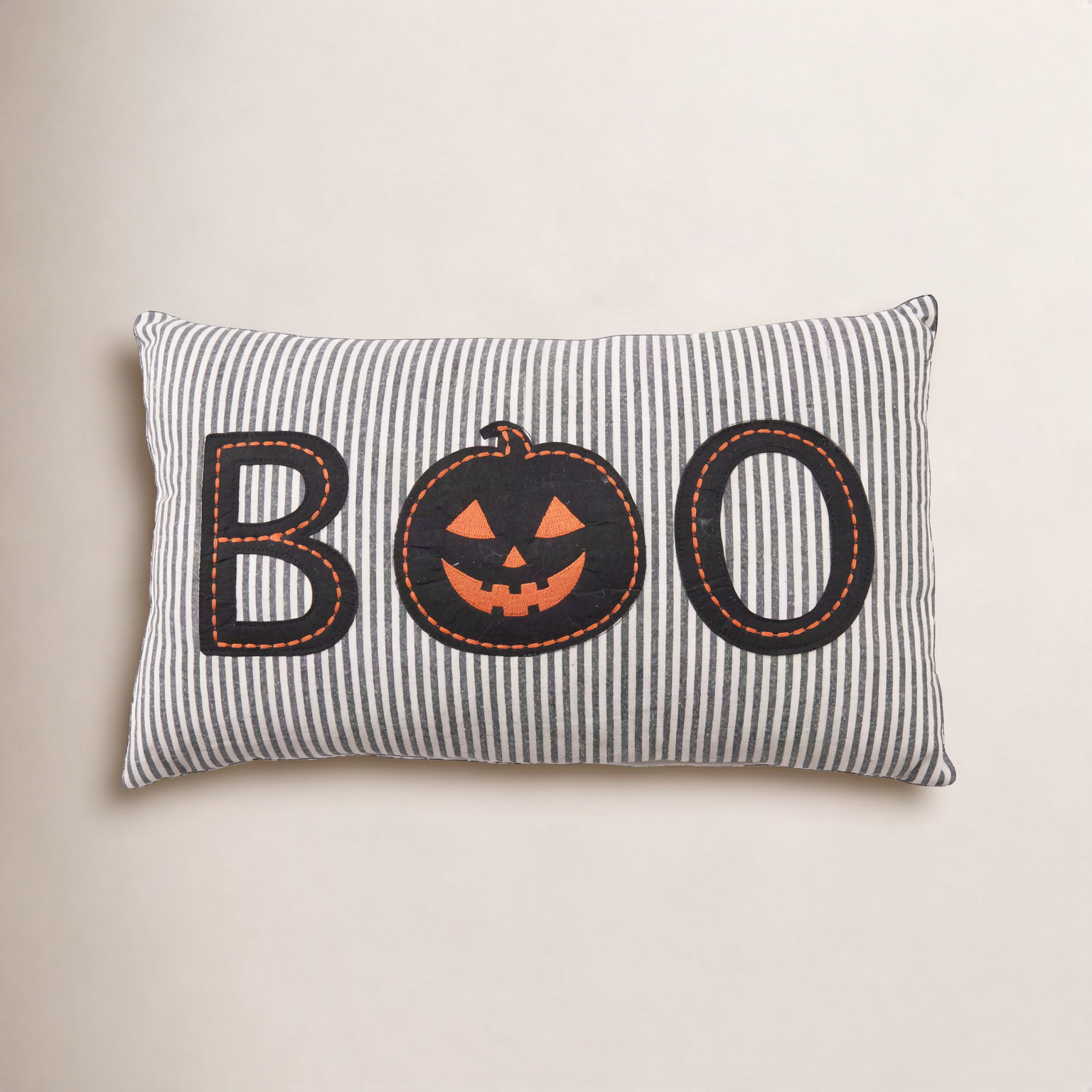 Cotton Striped Lumbar Pillow With Pumpkin Applique