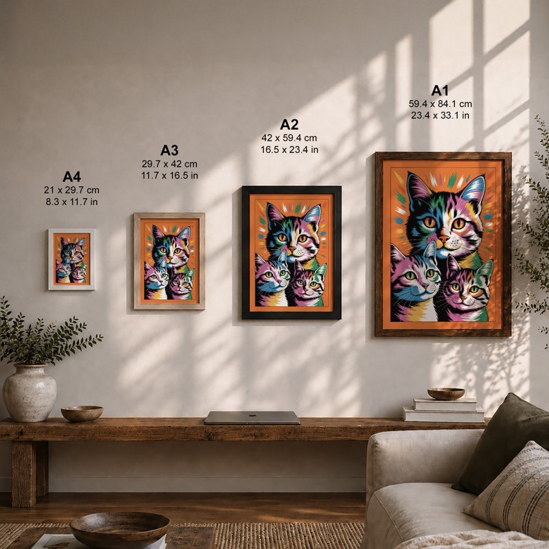 Cats Pop Art - Framed Print, Black, A4 - 29.7 x 21.0 cm