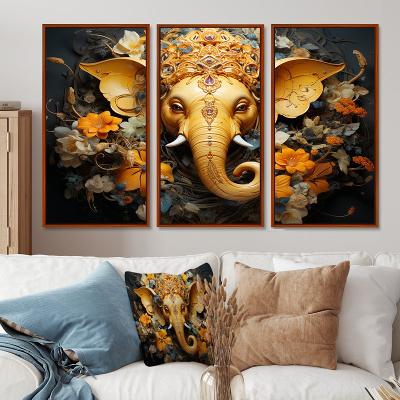 «Hindu Ganesha Elephant God Curmeric Tints», ensemble d'art sur toile, H 32 po x l 48 po x P 1 po, Cadre flottant brun
