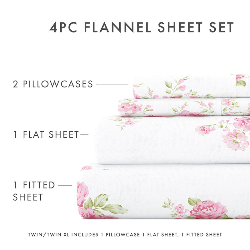 Sheet Set 100% Cotton Patterned Flannel Super Soft Bedding, Full Sheet Set with 3 Additional Pieces, Pink Rose Bunch