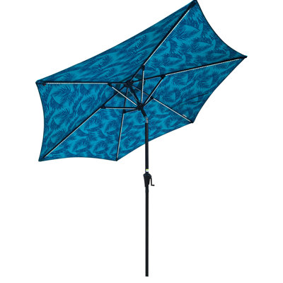 Parasol d'extérieur 9 pi avec motif + auvent cyan, lumières à DEL solaires, poteau et nervures en acier, inclinaison à bouton-poussoir, 40+ Upf, eau, pour les espaces résidentiels auvent 6 auvent, utilisation de jardin