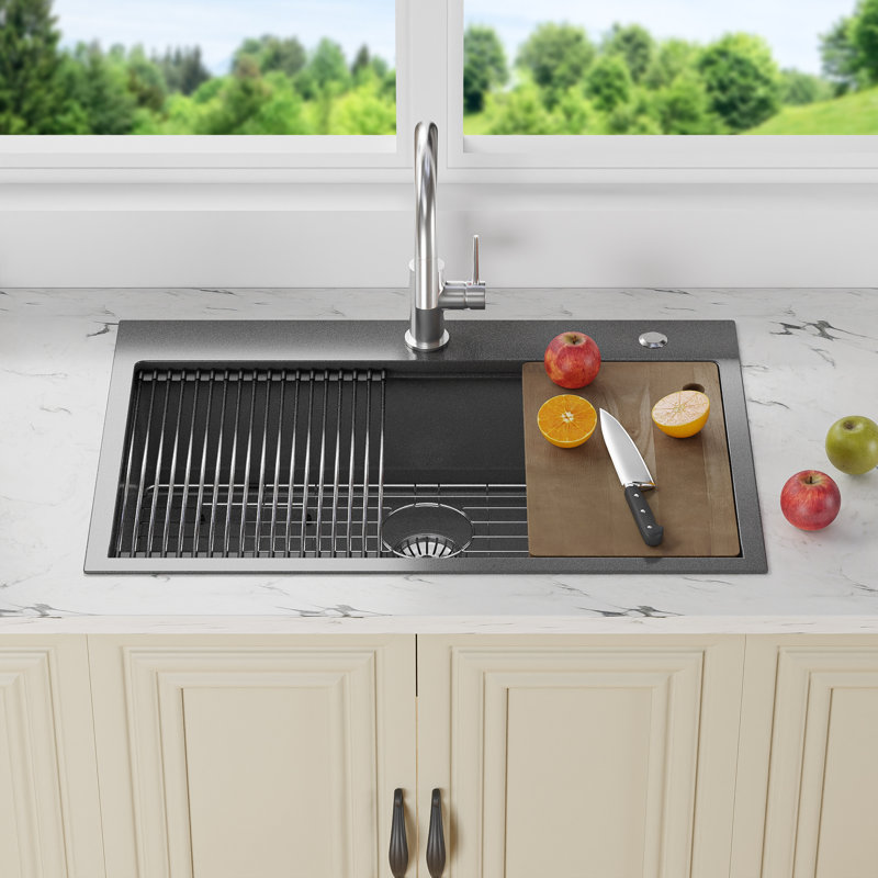 Évier de cuisine à simple cuve à montage sur plan avec accessoires 33 po L x 22 po, Gris pistolet