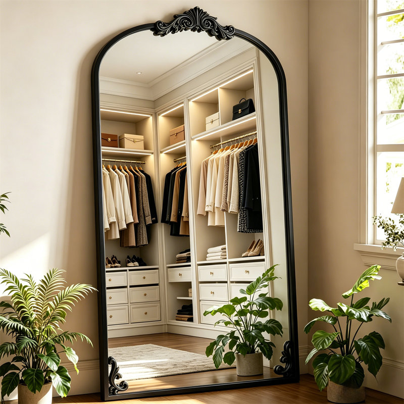 Arched Full-Length Mirror – Ornate Carved Metal Frame, Freestanding Floor Mirror With Artistic Base Detailing, Vintage Wall Mirror For Home Décor