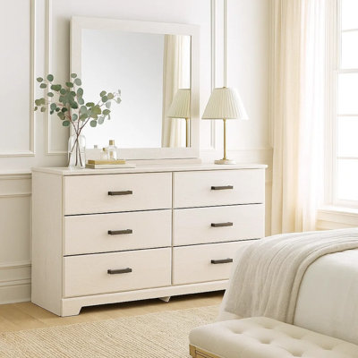 Tely 2Pc Dresser And Mirror Set, 6 Drawers W Pewter Handles, White