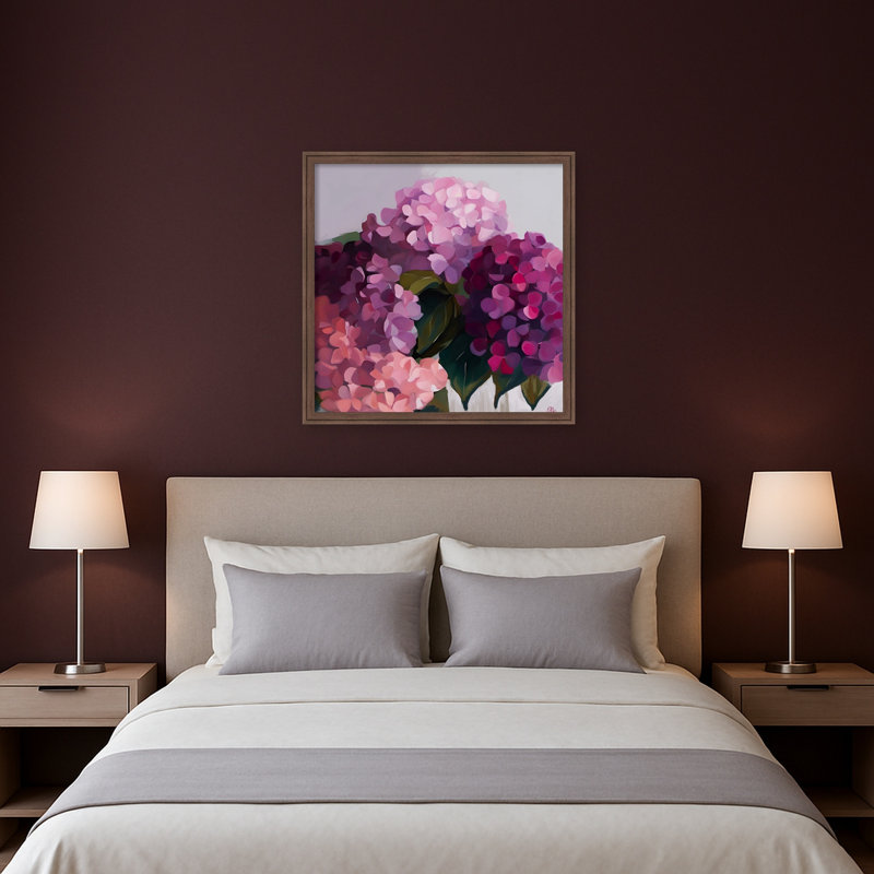 «Hydrangeas Pink Floral Artwork» par Edie, reproduction d'art sur toile encadrée
