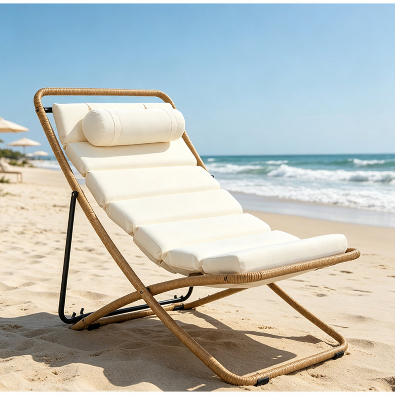 2pcs Foldable Outdoor Rattan Lounge Chair with Adjustable Backrest, Thick Cushion, and Detachable Headrest, yellow