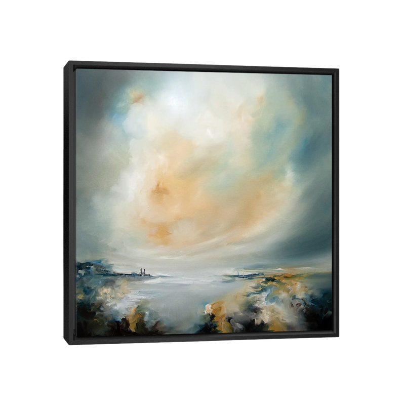 « sun reflect », peinture sur toile tendue, H 26 po x l 26 po x P 1,5 po, Toile avec cadre noir, Pas de tapis