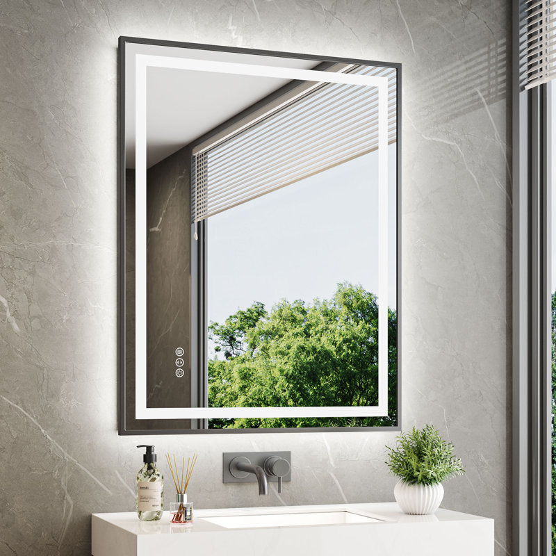 Miroir de salle de bain noir à cadre avant en aluminium noir et rétro-éclairé avec éclairage à 3 couleurs à intensité variable, antibuée et verre trempé