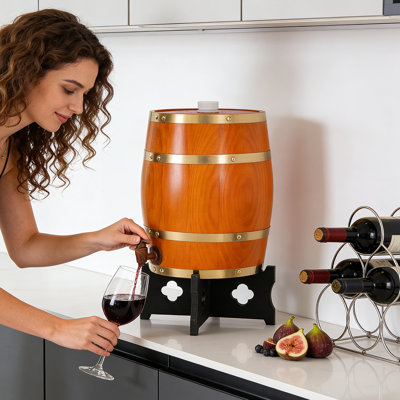 10L/2.64Gal Pine Wood Wine Barrel with Base & Faucet, Retro Tabletop Wine Cask for Home Bar & Entertaining