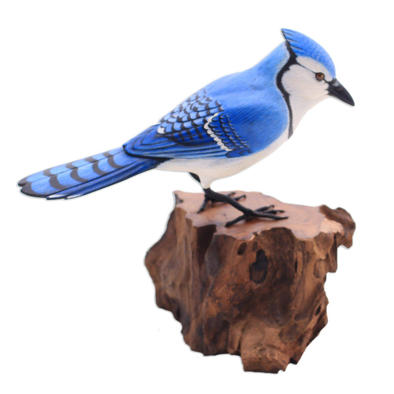 Perched Blue Jay Wood Sculpture