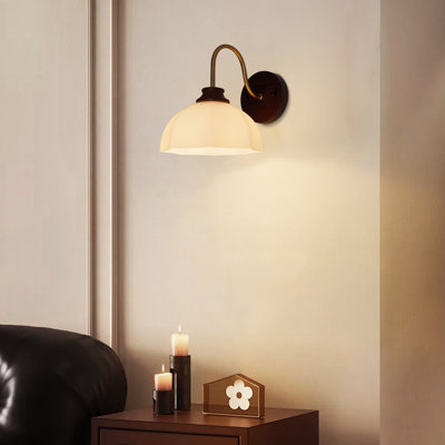 Vintage Wood Brass Wall Sconce | Dual Mount Up & Down Shade Option, E26 Socket Wabi Sabi Bedside Wall Lamp, Curved Arm Cream Frosted Glass Wall Light for Bedroom Hallway