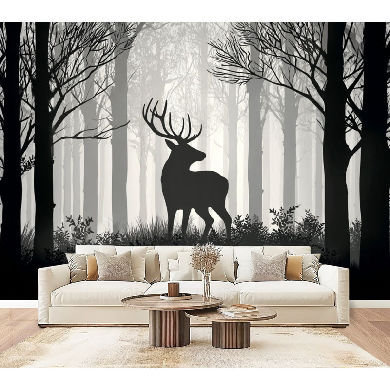 Papier peint adhésif auto-adhésif moderne l 96 po x H 69 po pour bois de cerf de chambre à coucher posant des silhouettes forestières