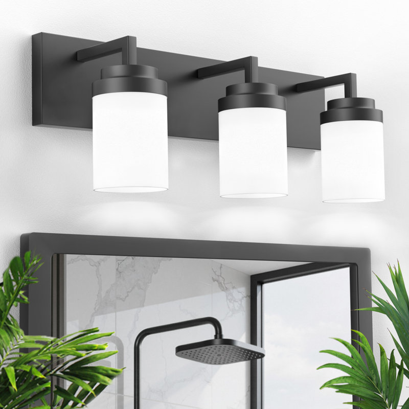 Bathroom Vanity Light with Glass Shade, Matte Black, 3, White