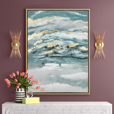 Peinture abstraite encadrée turquoise et or / gris