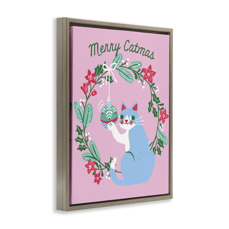 «Merry Christmas Pink Cat», art mural sur toile par Riley Hutchens, H 21 po x l 17 po, Cadre flottant orme Montalcino