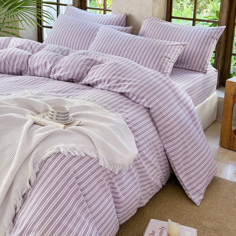 Ensemble de housse de couette rayé 100% coton délavé DONEUS, Housse de couette pour très grand lit et 2 taies 