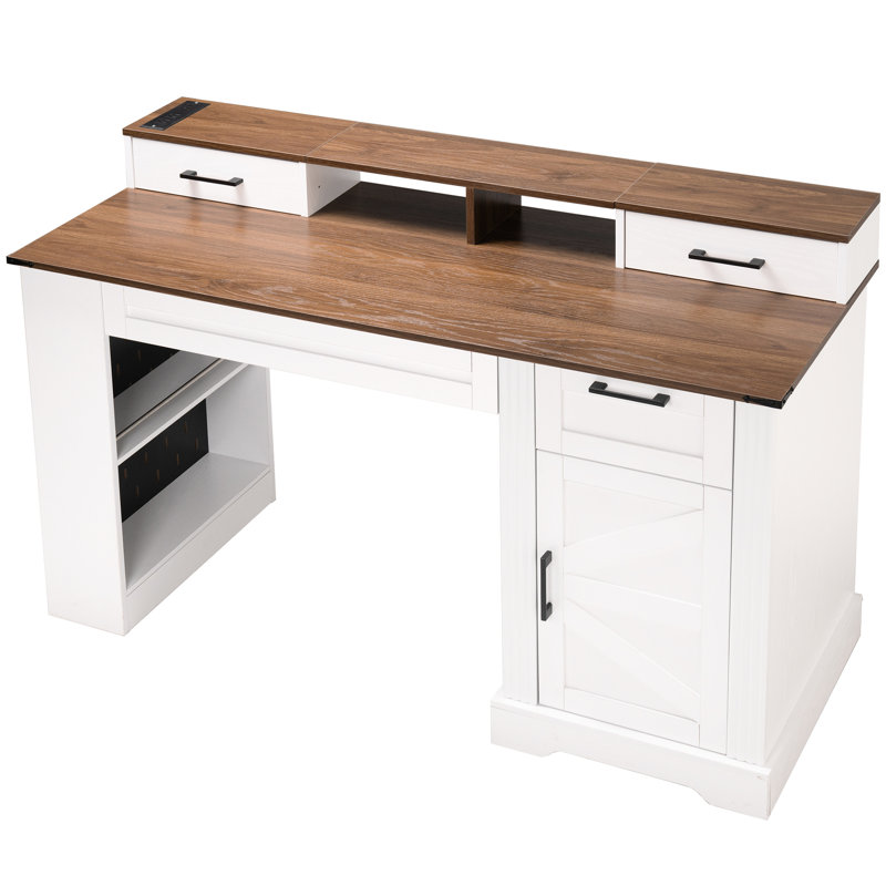 Bureau blanc de 55 po avec plaque de charge, support pour écran amovible et tablette réglable pour une organisation optimale dans le bureau à domicile