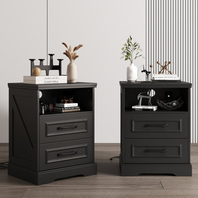Farmhouse Nightstand With Charging Station, Solid Wood End Table With 2 Large Drawers & Open Shelves